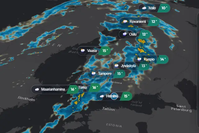 Sadetutka Suomen yllä, Ivalo merkittynä kartalle